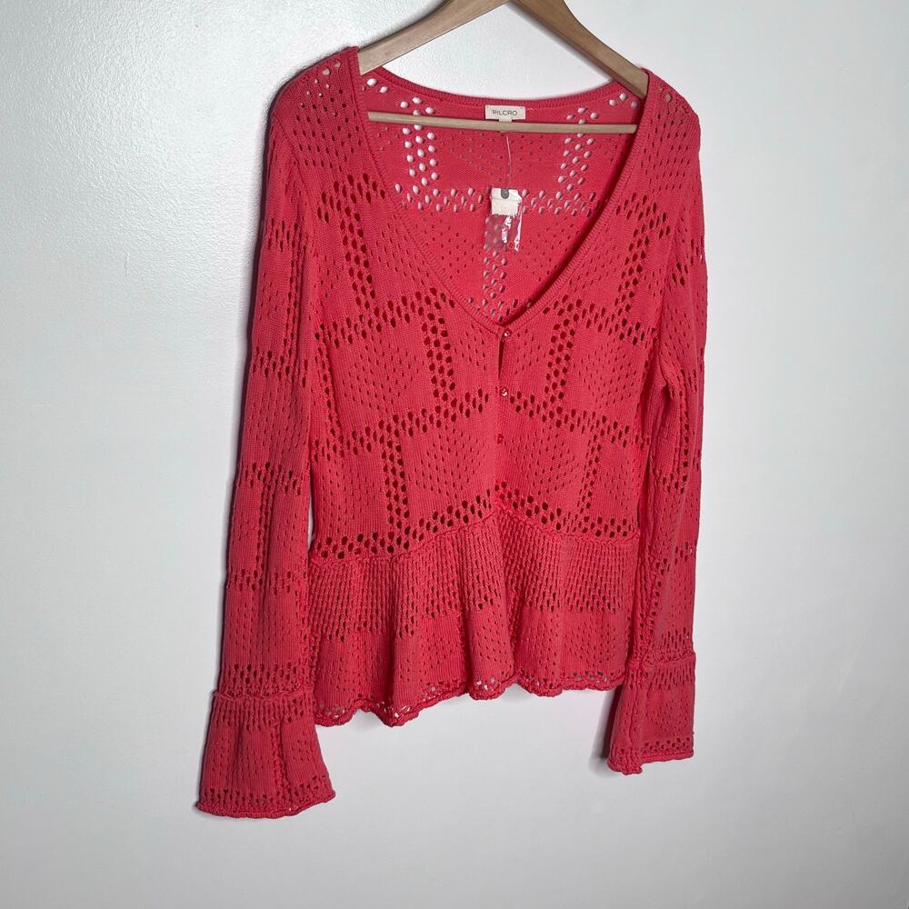 Anthropologie Pilcro Coral Pointelle Knit Peplum Sweater Top Large Boho NWT - Picture 3 of 12